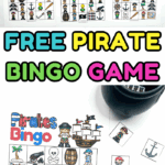 Printable pirate bingo game set with six unique bingo cards and pirate-themed calling cards, ideal for kids' parties or classroom use