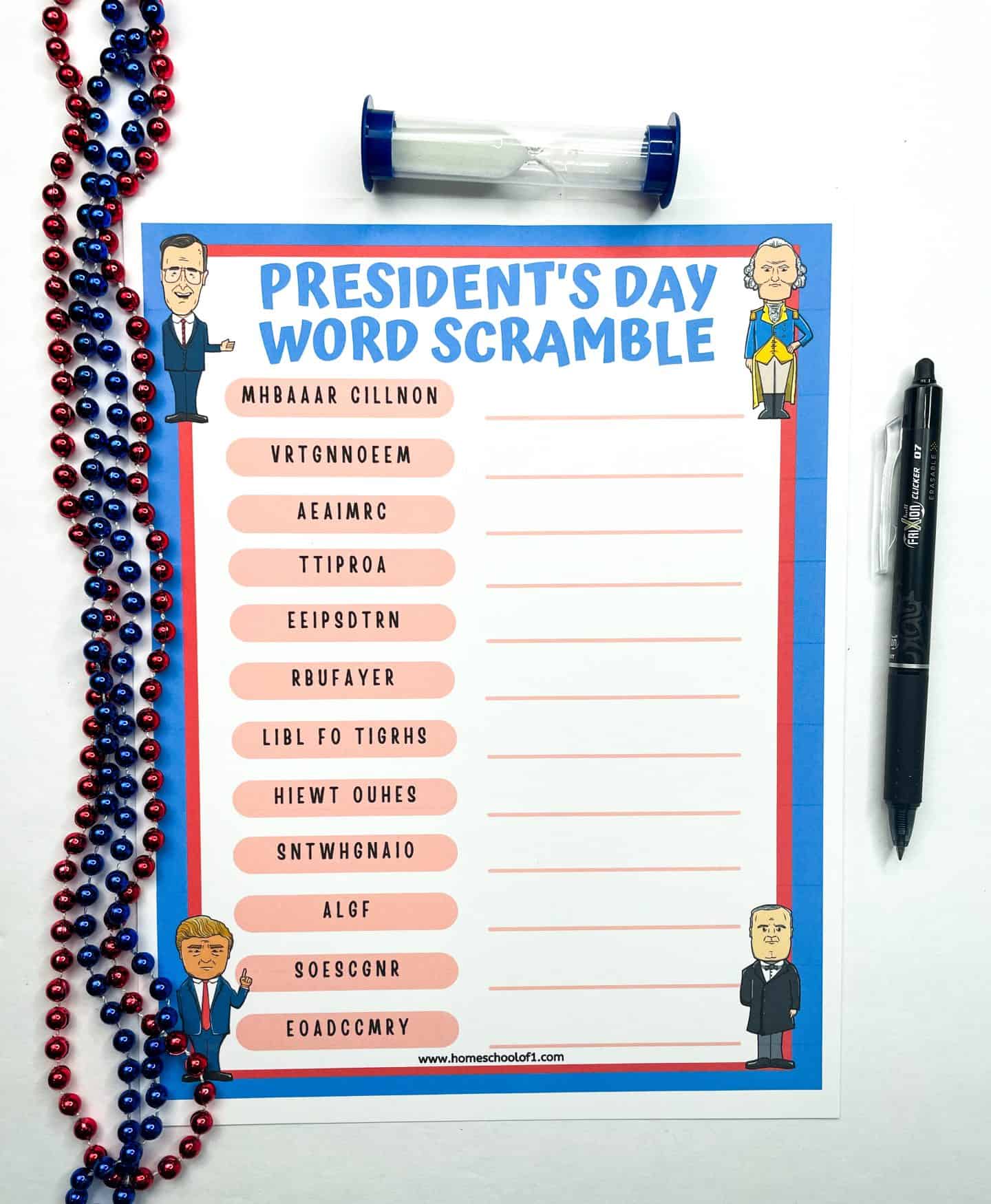 free president's day word scramble printable
