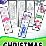 Printable Christmas bookmarks to color, including Santa, snowman, holiday gifts, and hot chocolate—great for fun holiday reading.