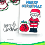 Close-up of a printable Merry Christmas card with Santa and a gift sack, colored in red and black, with festive beads in the background.
