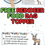 Glass bowl of reindeer food mix with spatula, sprinkles, and printable reindeer food bag toppers ready to be attached.