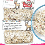 Two reindeer food bags with printable toppers, one with Santa and sleigh, the other with reindeer and light strand, next to a bowl of oats.