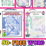 Colorful seasonal word search printables for kids including Easter, St. Patrick’s Day, and Women’s History Month puzzles