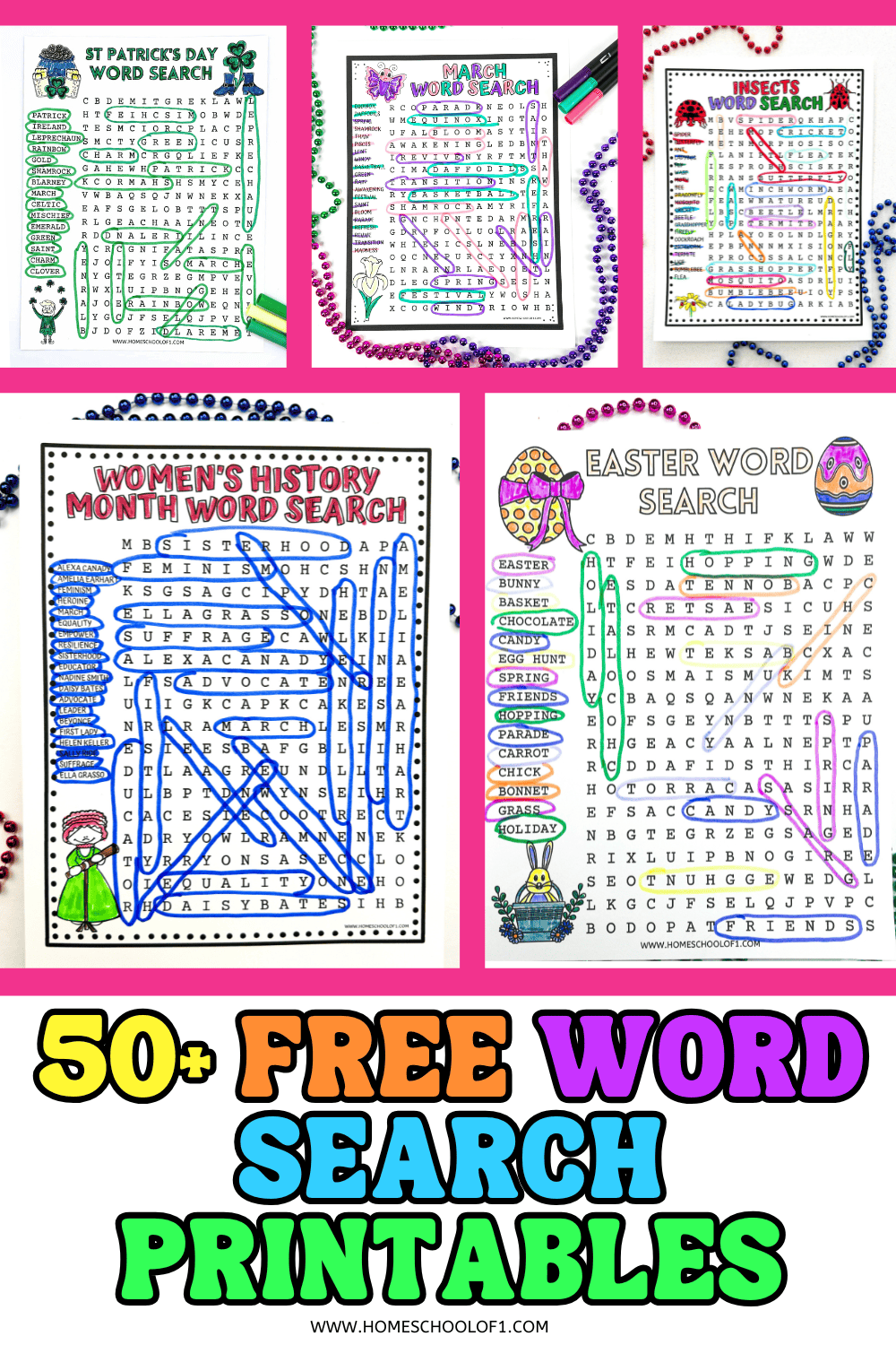 Colorful seasonal word search printables for kids including Easter, St. Patrick’s Day, and Women’s History Month puzzles

