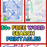 Over 50 free printable word searches for kids featuring spring, Easter, and March holiday puzzles for learning fun