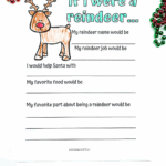 Printable “If I Were a Reindeer” writing worksheet for kids with fill-in-the-blank prompts and a colored reindeer illustration.