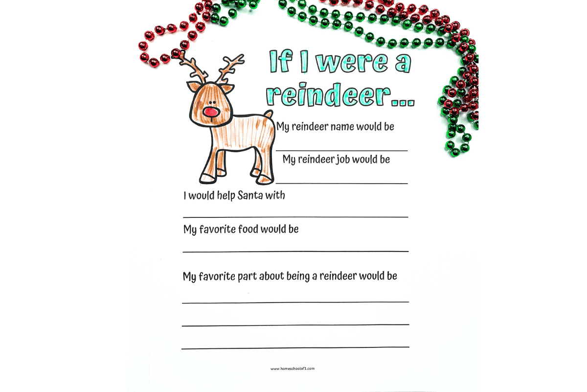 “If I Were a Reindeer” worksheet printable with writing lines and festive holiday beads, featuring a hand-colored reindeer.