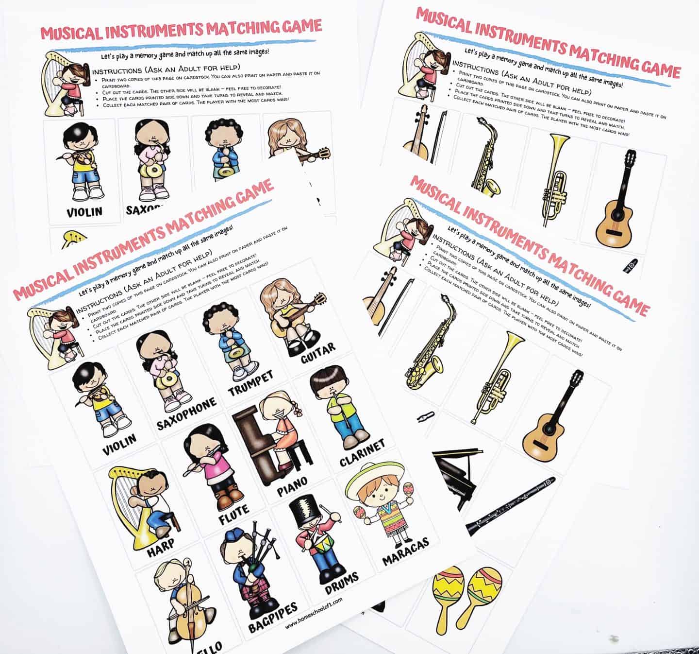 Overhead view of printed musical instrument matching game sheets for kids, showing cartoon illustrations of instruments and children playing them. Instruments include violin, saxophone, trumpet, guitar, harp, flute, piano, clarinet, cello, bagpipes, drums, and maracas. The sheets include simple instructions for cutting and playing the memory game, with matching instrument-only cards and character cards labeled with the instrument names.