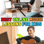 Boy taking online piano lesson and another playing guitar at home—best online music lessons for kids learning from home.