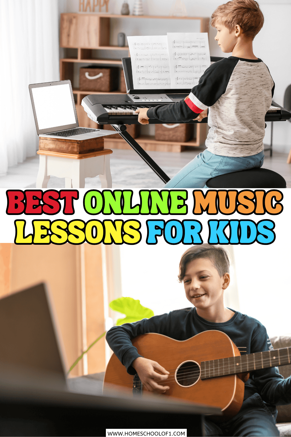 Boy taking online piano lesson and another playing guitar at home—best online music lessons for kids learning from home.