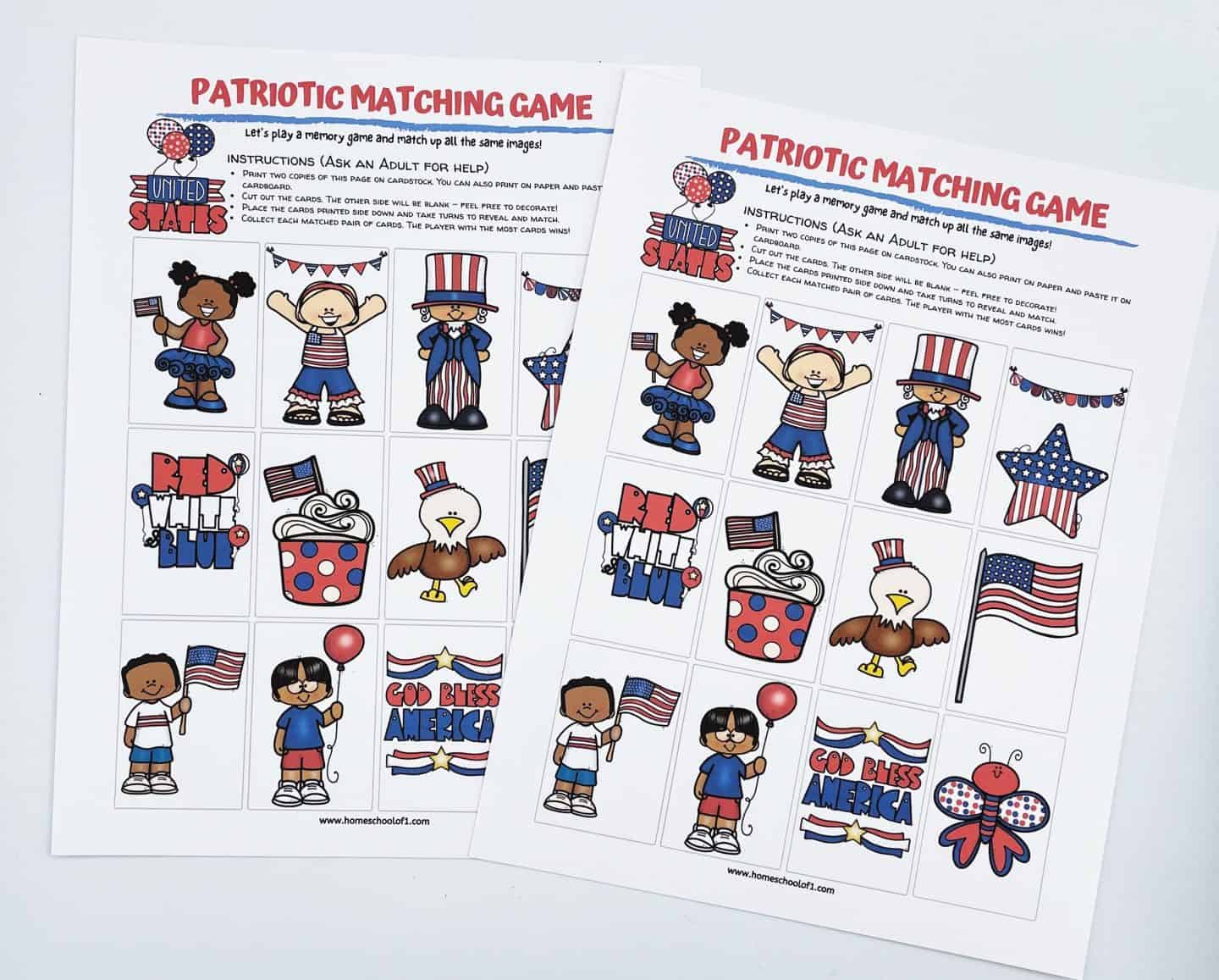 Two printable sheets titled “Patriotic Matching Game” featuring red, white, and blue illustrations for a 4th of July-themed memory game. Each card includes festive images such as children in patriotic outfits, an eagle, cupcakes, flags, stars, a butterfly, and phrases like “Red White Blue” and “God Bless America,” with instructions for cutting and playing the game.