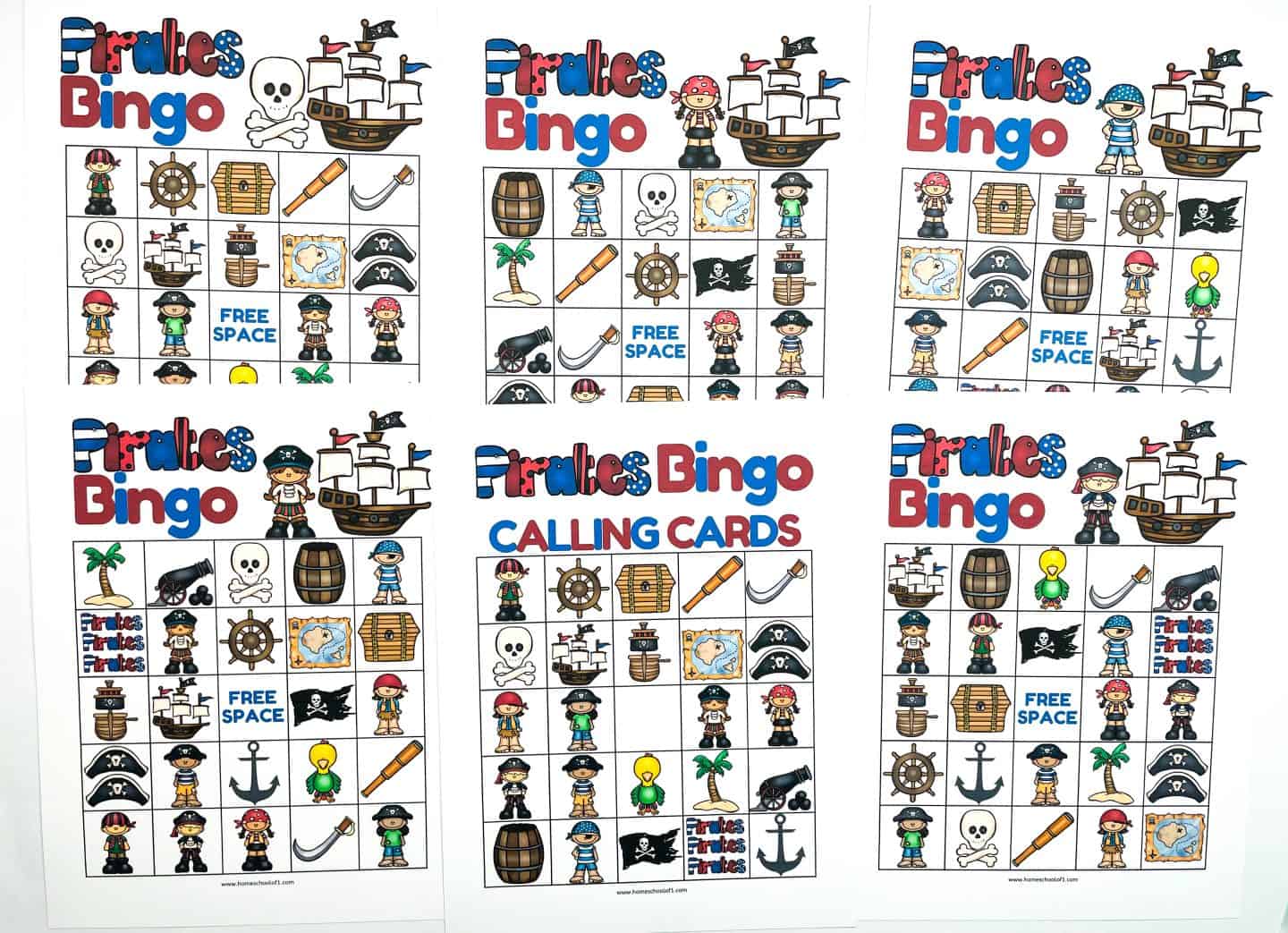 Set of colorful pirate-themed bingo cards and a calling card sheet, each featuring icons like treasure chests, pirate ships, skulls, barrels, anchors, maps, and pirate characters. The layout is designed for kids' gameplay, with "Pirates Bingo" text at the top of each card and a "Free Space" square in the middle.
