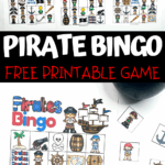 Pirate bingo free printable game with colorful 5x5 bingo boards, calling cards, and pirate images like ships, maps, and treasure