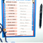 Printable Presidentโs Day word scramble worksheet with patriotic border, illustrated U.S. presidents, and scrambled presidential vocabulary words with handwritten answers.