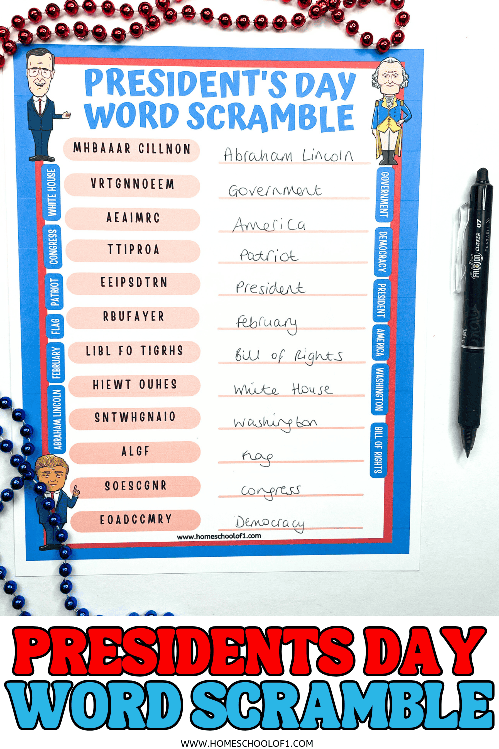 Printable Presidentโs Day word scramble worksheet with patriotic border, illustrated U.S. presidents, and scrambled presidential vocabulary words with handwritten answers.