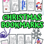 Christmas bookmarks printable featuring Santa, holiday drinks, snowmen, and cute winter animals—fun to color and share.