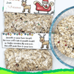 Christmas reindeer food bag with a poem printable topper and bowl of oats surrounded by colorful sprinkles.