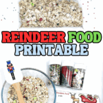 Clear bag of reindeer food with a printable topper featuring a poem, Christmas lights, and a cartoon reindeer.
