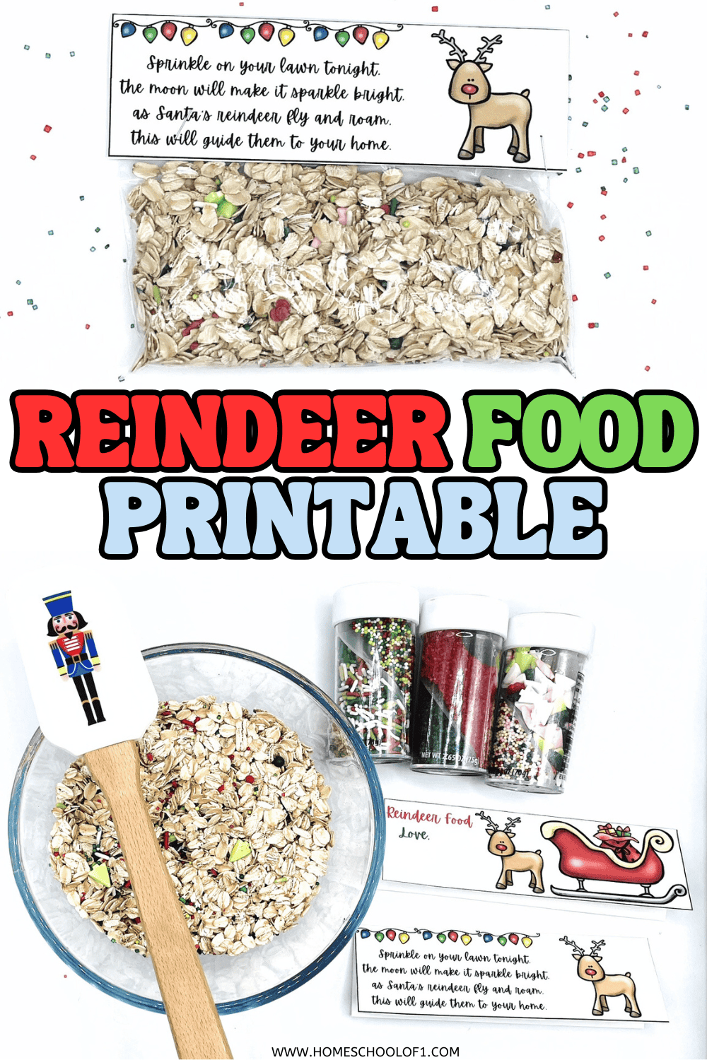 Clear bag of reindeer food with a printable topper featuring a poem, Christmas lights, and a cartoon reindeer.