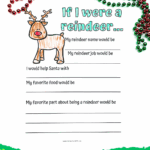Free printable reindeer writing worksheet for kids with festive beads and a colored-in cartoon reindeer.