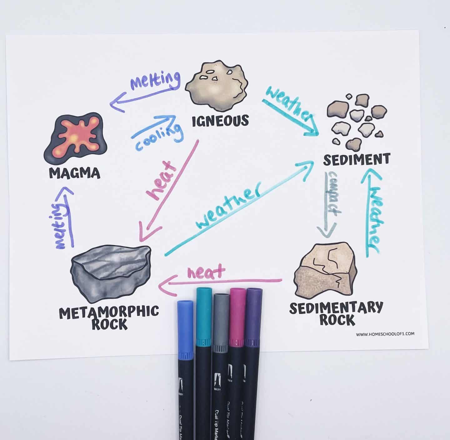 Illustration of the rock cycle showing processes like melting, cooling, weathering, and heat. It depicts transitions between magma, igneous rock, sediment, sedimentary rock, and metamorphic rock. Four colorful markers are placed at the bottom.
