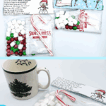 Snowman soup ingredients and printable bag toppers displayed with a Christmas mug and poem tag.