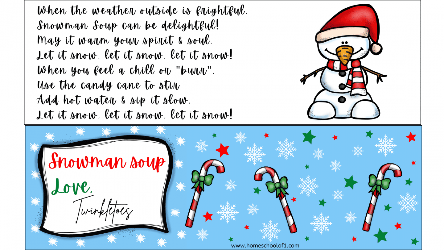 A festive Snowman Soup free printable gift tag featuring a cheerful snowman and a winter-themed rhyme about enjoying hot cocoa. The top half includes a poem with instructions for making Snowman Soup using a candy cane to stir, while the bottom half has a blue background with candy canes, snowflakes, stars, and a label reading “Snowman soup, Love, Twinkletoes.” Perfect for DIY holiday treats and classroom gifts.