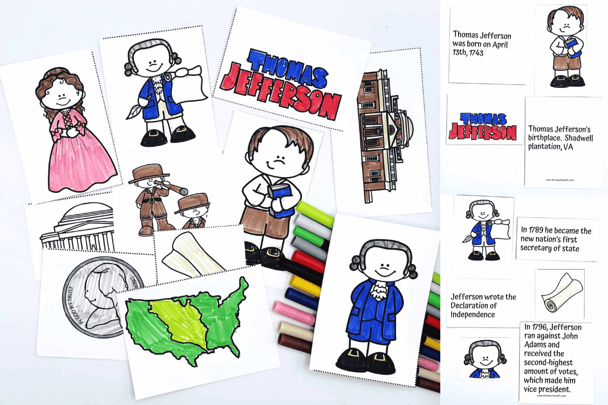 Thomas Jefferson coloring and timeline worksheet set for kids, featuring cut-and-color cards of Jefferson, Monticello, the Louisiana Purchase, and other key historical elements, arranged with colored markers.