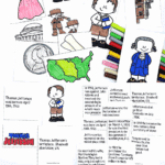Thomas Jefferson worksheet printable with cut-and-color timeline activity cards for kids, featuring illustrated images of Jefferson, Monticello, the Louisiana Purchase, Lewis and Clark, a nickel, and other key historical elements, shown with colored markers.