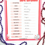 Valentineโs Day word scramble worksheet with 13 mixed-up holiday words and handwritten answers on a pink printable page.
