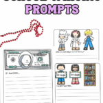 Three colorful 100 days of school writing prompt worksheets featuring $100 themed writing, ‘I wish I had 100…,’ and ‘What new skill will you learn in 100 days?’ with cartoon kids and bright classroom graphics.