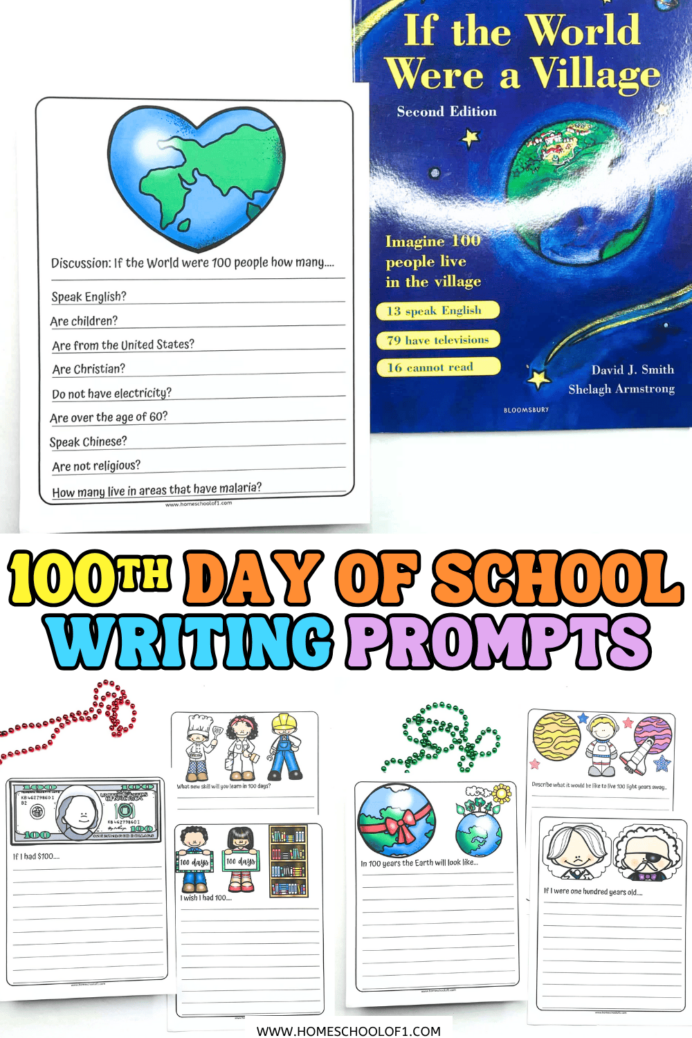 100th day of school discussion worksheet inspired by If the World Were a Village, showing questions about global population represented as 100 people, displayed beside the book.