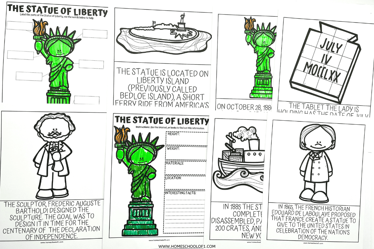 A set of educational Statue of Liberty worksheets for kids, partially colored with green and orange. The pages include illustrations of the statue, Liberty Island, a historical ship, the July 4th date tablet, and figures like the statue’s sculptor and a French historian. Each worksheet contains text or prompts to teach children about the history and significance of the Statue of Liberty.