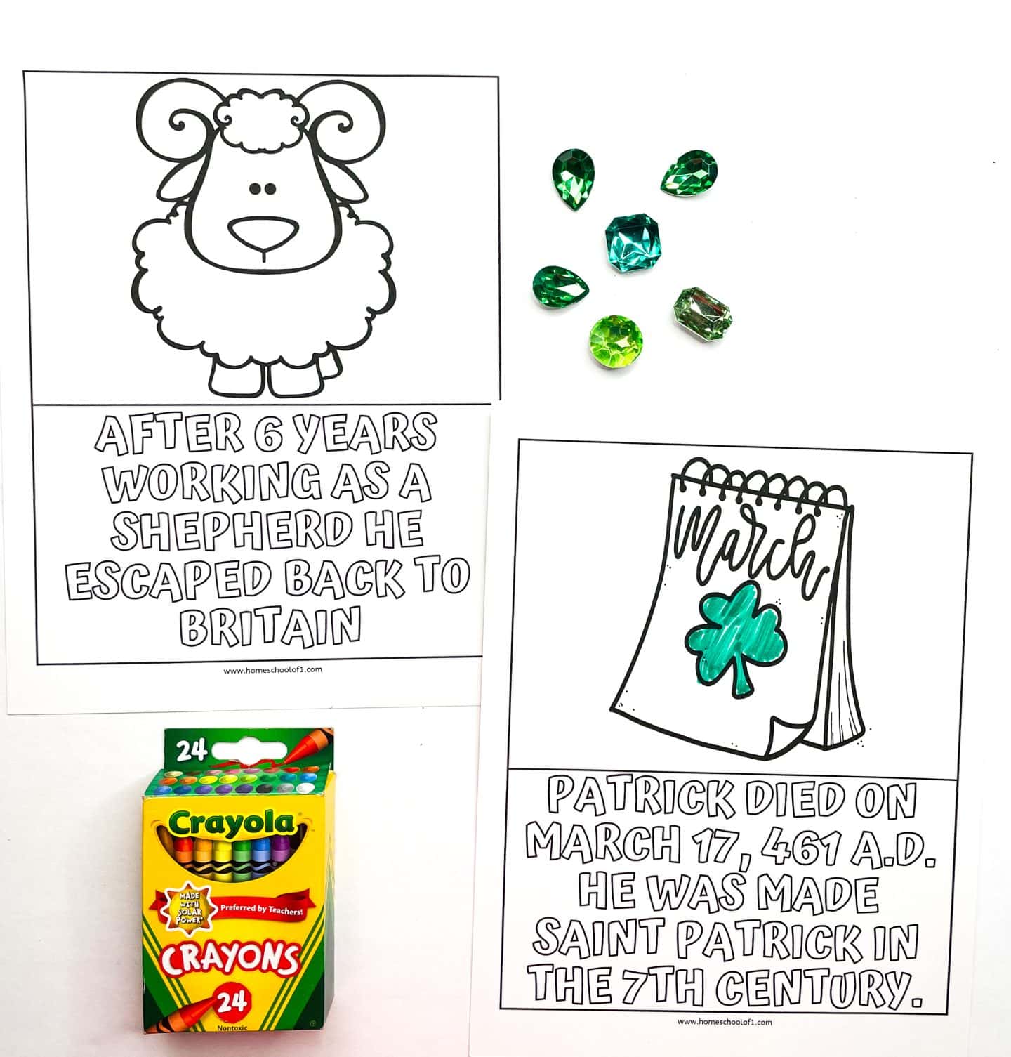 Two black-and-white St. Patrick’s Day worksheets designed for coloring, featuring simple drawings and historical facts. One shows a cartoon sheep with the text, “After 6 years working as a shepherd he escaped back to Britain,” and the other has a calendar marked “March” with a shamrock, stating, “Patrick died on March 17, 461 A.D. He was made Saint Patrick in the 7th century.” The scene includes green faux gems and a box of 24 Crayola crayons for coloring the pages.

