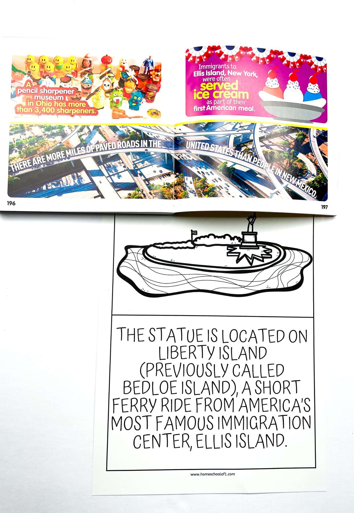 A coloring worksheet with an illustration of Liberty Island and the Statue of Liberty, placed below an open book featuring U.S. trivia. The worksheet text reads: “The statue is located on Liberty Island (previously called Bedloe Island), a short ferry ride from America’s most famous immigration center, Ellis Island.” The open book above highlights fun facts, including a pencil sharpener museum and ice cream being served to Ellis Island immigrants.