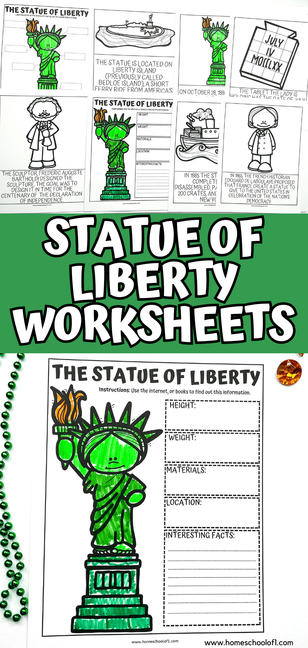 A collection of Statue of Liberty-themed worksheets for kids, including coloring pages, fact-finding prompts, and historical facts. Activities feature illustrations of the statue, its designer, Liberty Island, and the ship used to transport it. The bottom section highlights a completed worksheet with a green-colored Statue of Liberty and sections to fill in details like height, materials, and interesting facts. Bold text reads “Statue of Liberty Worksheets.”