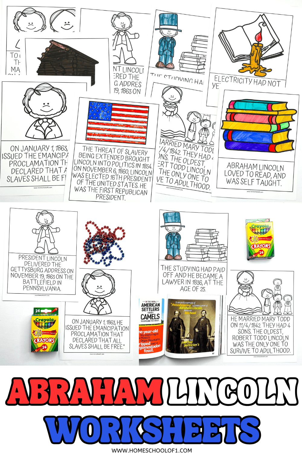 Printable Abraham Lincoln worksheets for kindergarten featuring simple facts, coloring pages, and hands-on learning tools.