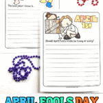 April Fools writing prompts free printable worksheets for kids featuring April 1st themed journal pages with lined writing space and cartoon illustrations