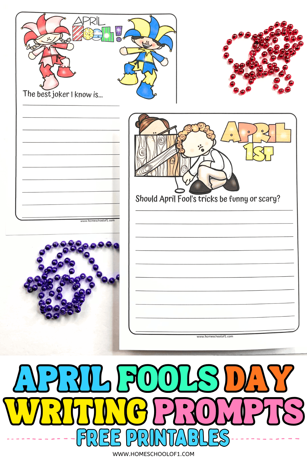 April Fools writing prompts free printable worksheets for kids featuring April 1st themed journal pages with lined writing space and cartoon illustrations