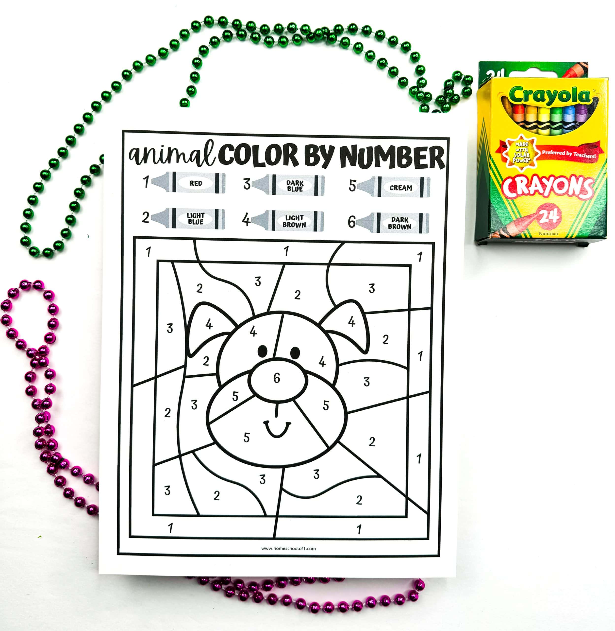 An uncolored animal color by number worksheet featuring a cartoon-style dog with numbered sections and a color key at the top. The listed crayon colors include red, light blue, dark blue, light brown, cream, and dark brown. A 24-pack of Crayola crayons sits to the right, and green and purple bead necklaces decorate the background.