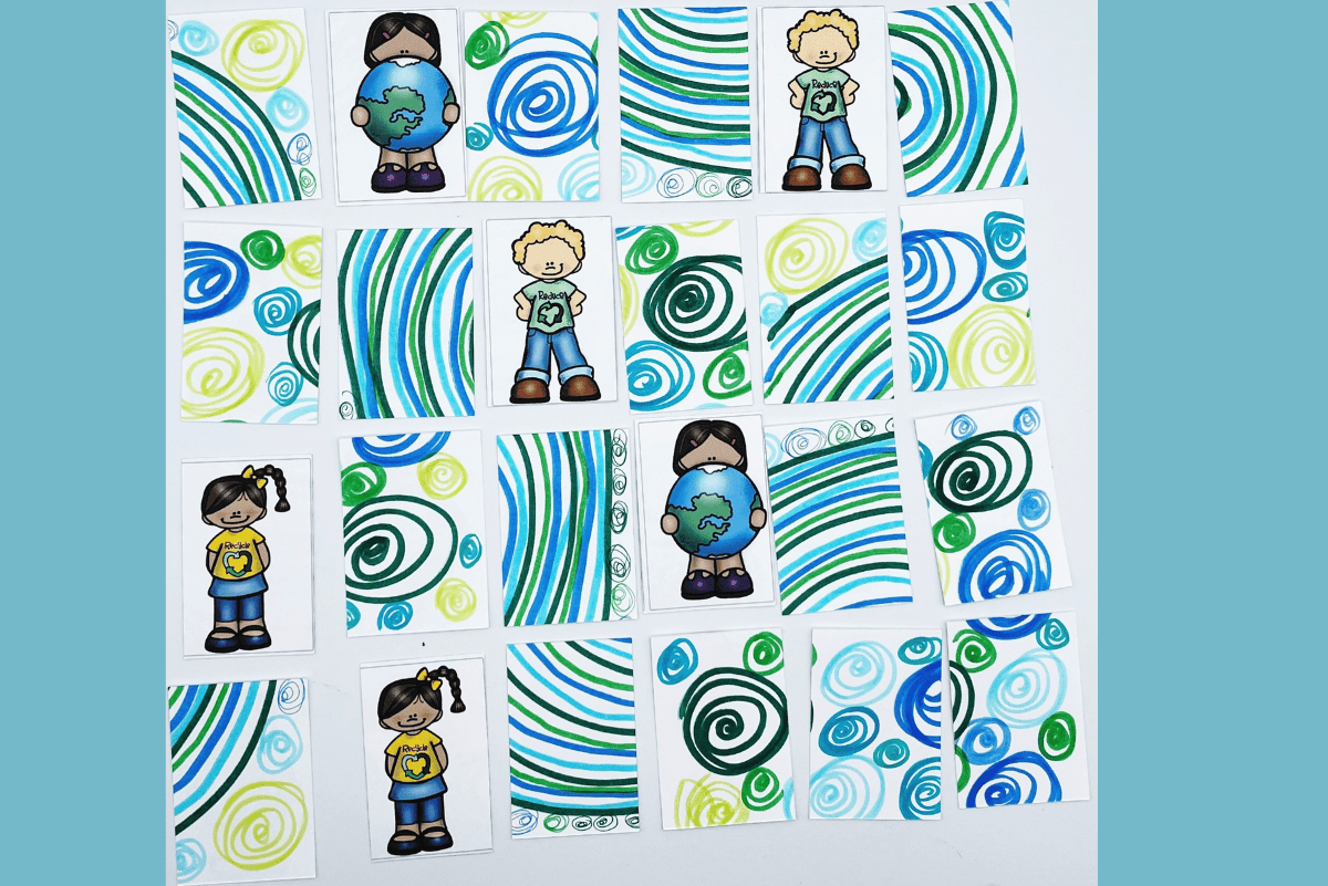 Printable Earth Day matching game for preschoolers showing a grid of colorful cards with green, blue, and yellow swirly patterns. Some cards are flipped to reveal cartoon kids holding the Earth or wearing recycling-themed shirts, offering a fun and educational activity about environmental awareness.