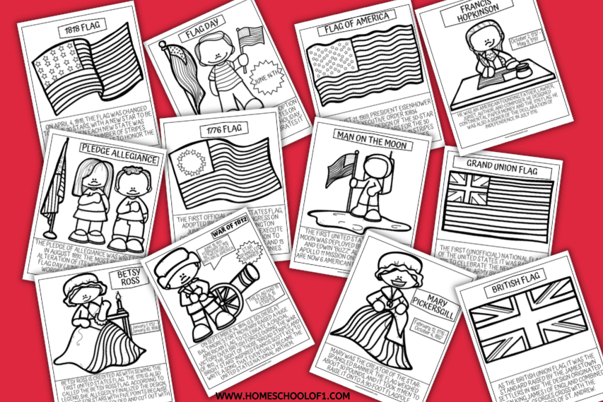 A set of black-and-white Flag Day educational coloring pages arranged on a red background. Each page features a cartoon-style historical figure or American flag with a short informative paragraph below. Notable topics include the 1776 flag, Betsy Ross, Mary Pickersgill, the Grand Union flag, and the Pledge of Allegiance. Pages are designed for kids to color and learn about the history of the U.S. flag.