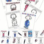 Founding Fathers coloring pages for kids featuring hand-colored illustrations of George Washington, Benjamin Franklin, Thomas Jefferson, John Adams, and more, arranged with markers and red, white, and blue beads.