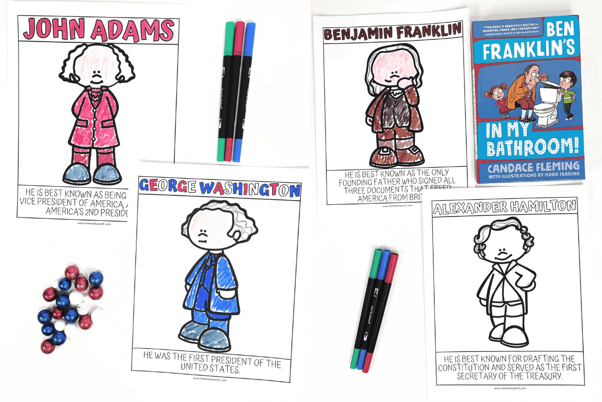 Four Founding Fathers coloring pages for kids featuring George Washington, John Adams, Benjamin Franklin, and Alexander Hamilton.