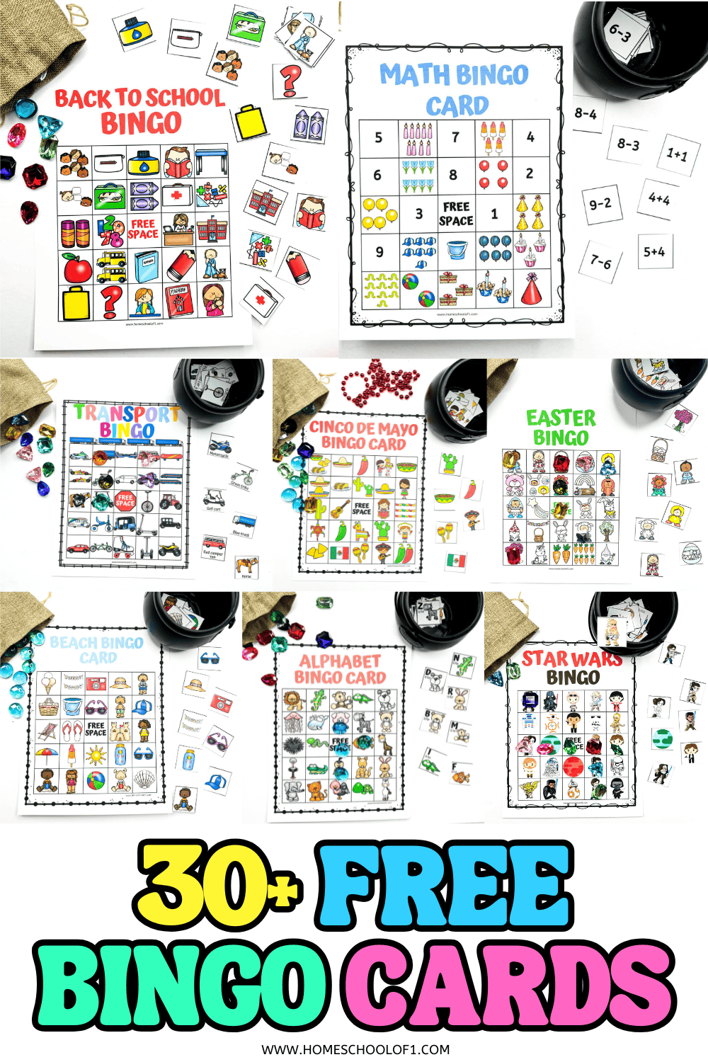Collage of printable bingo cards for kids, including themed designs like back to school, math, Easter, Star Wars, alphabet, transportation, Cinco de Mayo, and beach, with text overlay reading ‘30+ Free Bingo Cards’