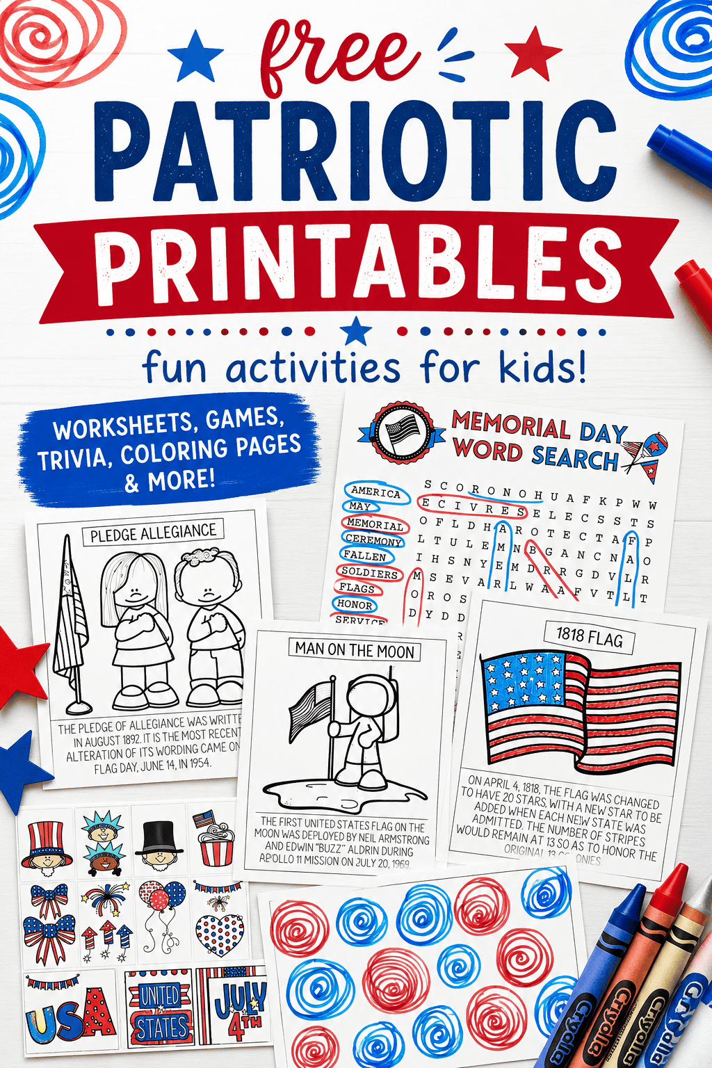 Free patriotic printables for kids including Memorial Day word searches, American flag coloring pages, patriotic bingo cards, and history worksheets in red, white, and blue themes.