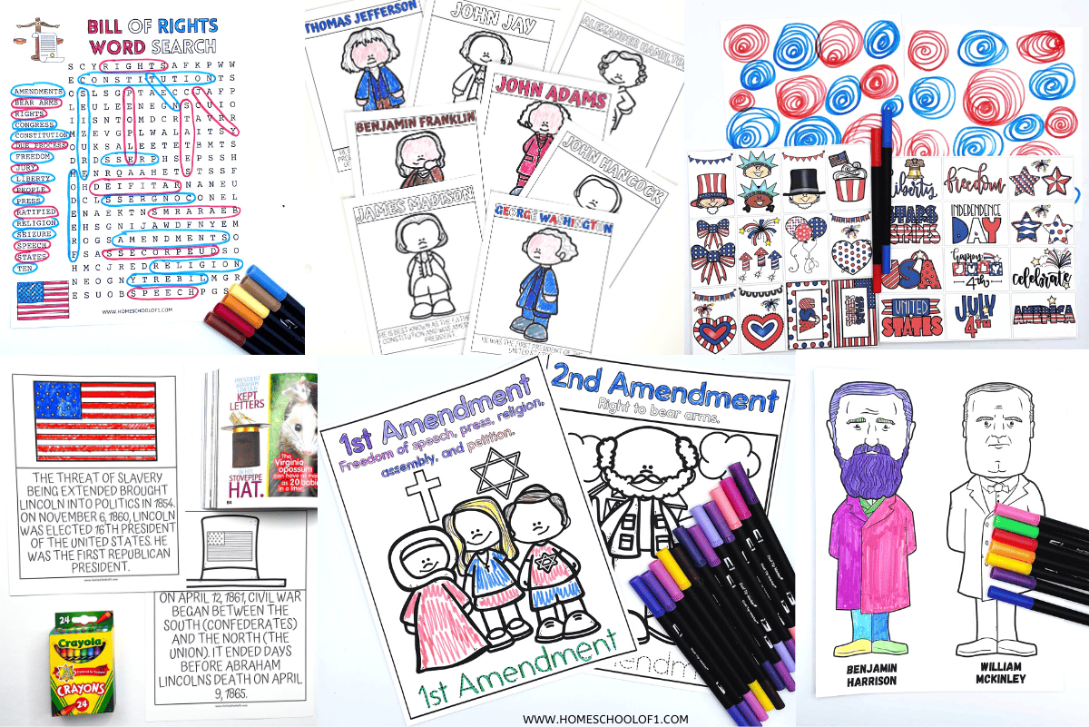 A collage of different patriotic printables for kids such as coloring pages, words searches, and memory games for kids.