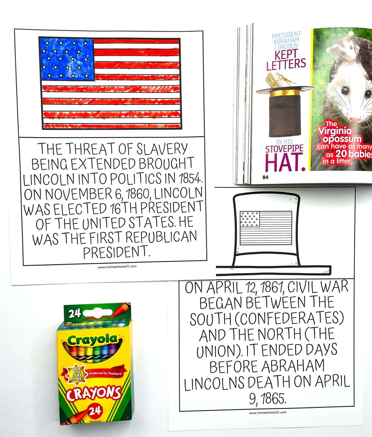 Abraham Lincoln-themed worksheets for kids, featuring educational facts with illustrations of the American flag and Lincoln’s hat. One worksheet explains Lincoln's entry into politics and his election as the first Republican president in 1860; another details the Civil War timeline from April 12, 1861, to shortly before his death on April 9, 1865. Also included are a Crayola crayon box and a children’s magazine showing a fact about Lincoln keeping letters in his stovepipe hat and a note about Virginia opossums.