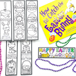 A top-down view of Easter-themed bookmarks—some colored, some blank—surrounding the book How to Catch the Easter Bunny. Colorful bead necklaces in pink, green, and purple add a festive Easter vibe.
