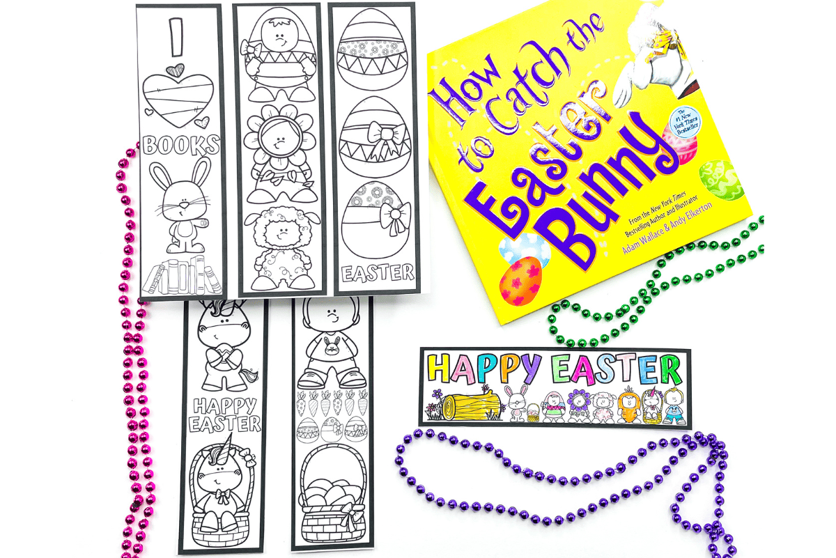 A top-down view of Easter-themed bookmarks—some colored, some blank—surrounding the book How to Catch the Easter Bunny. Colorful bead necklaces in pink, green, and purple add a festive Easter vibe.